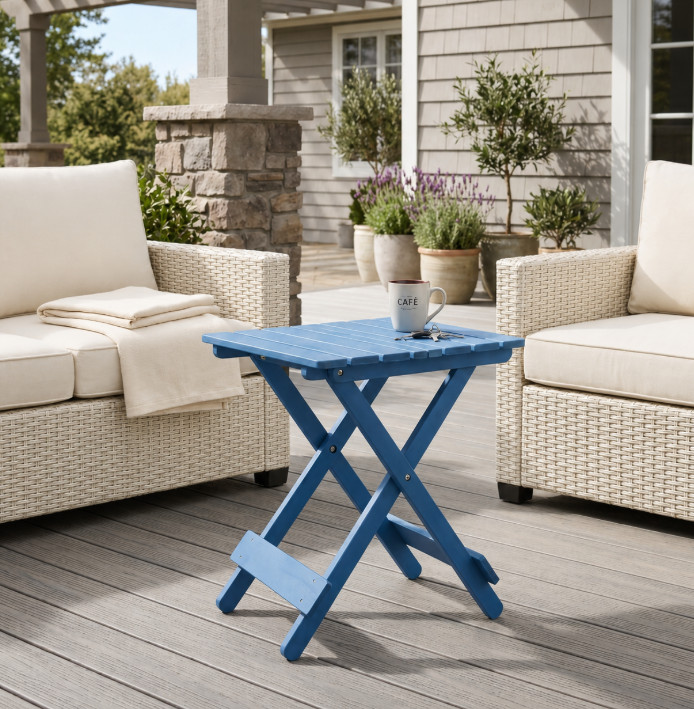 Folding Solid Wood Patio Table Portable Outdoor Square Table Blue Balcony Yard