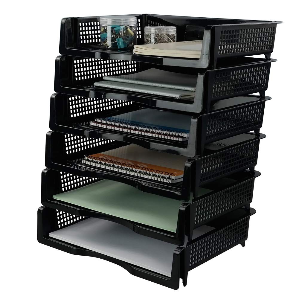 6 PCS Black Stackable Plastic Desktop Document Paper Sorter Bin Holder Tray Rack
