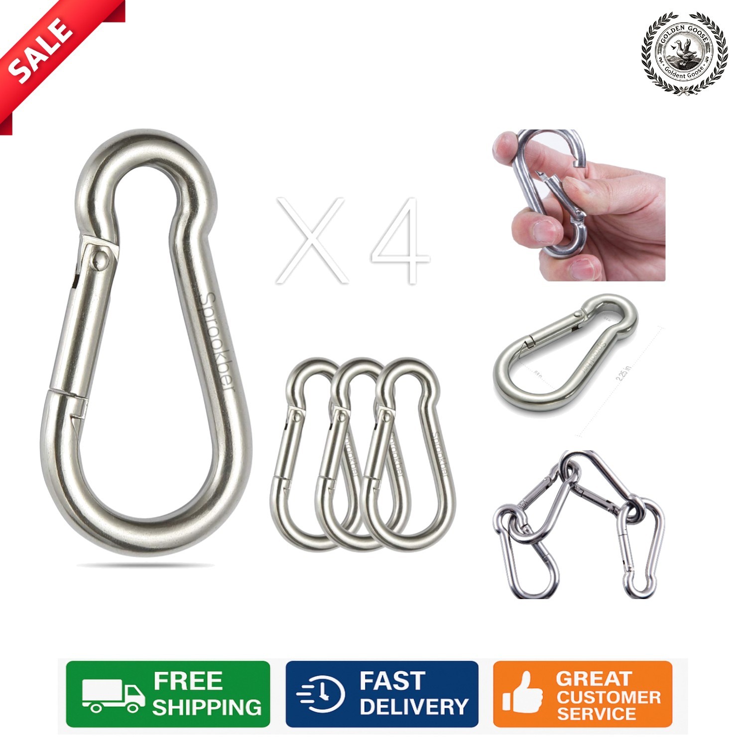 Set of 4 Heavy-Duty Stainless Steel Carabiner Clips - 2.25 Inch Size