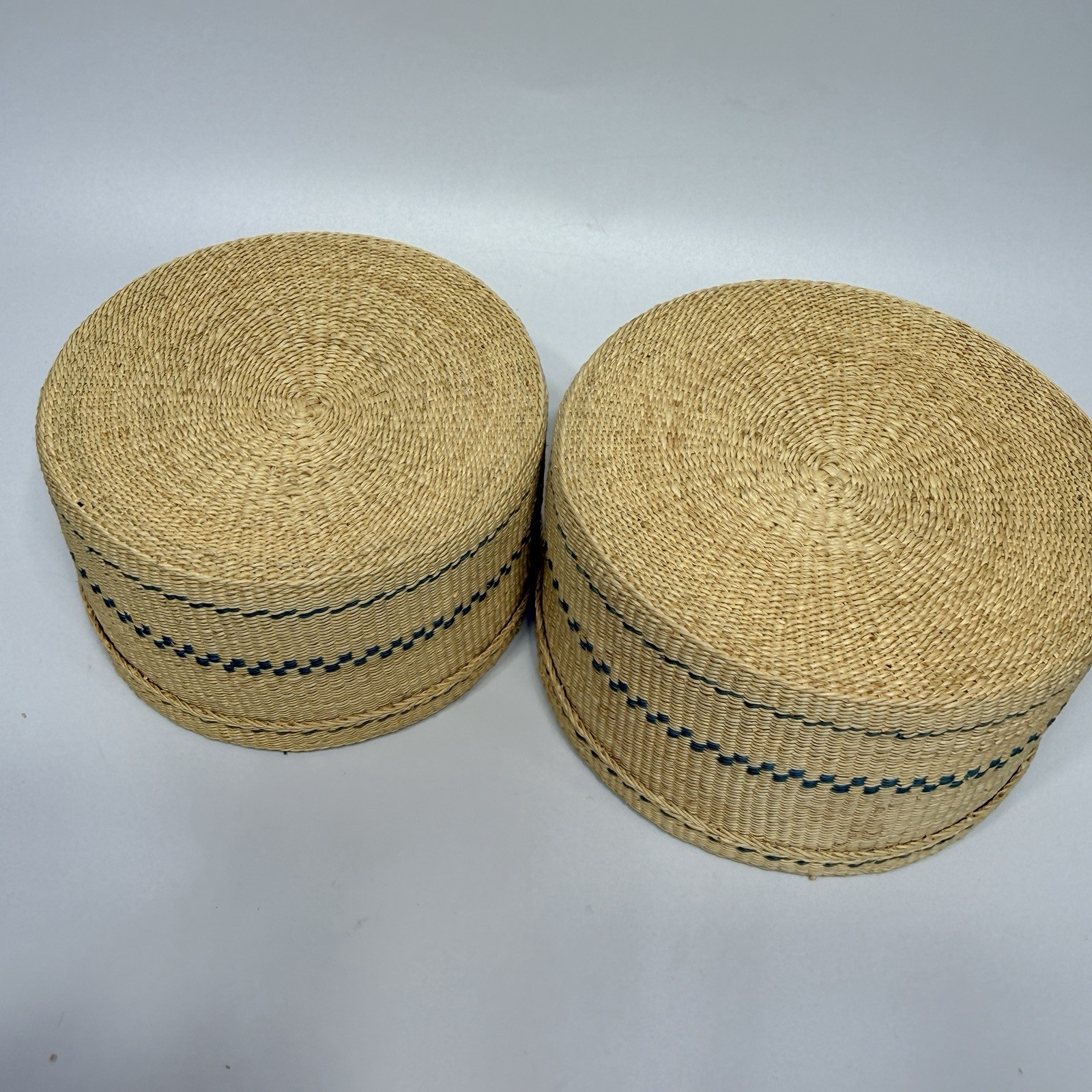 Set 2 Beige Teal Green Tightly Woven Nesting Baskets Lids Boxes Round 5.75" Boho