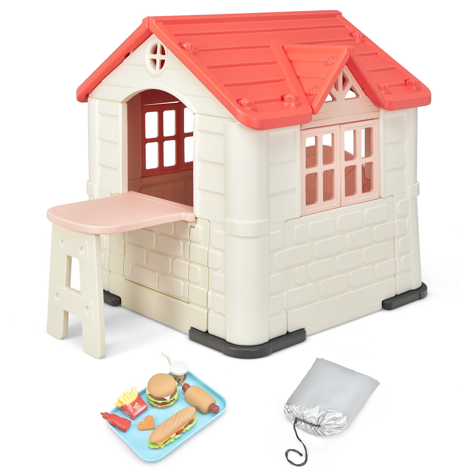 Kid's Playhouse Games Cottage w/ 7 PCS Toy Set & Waterproof Cover Pink