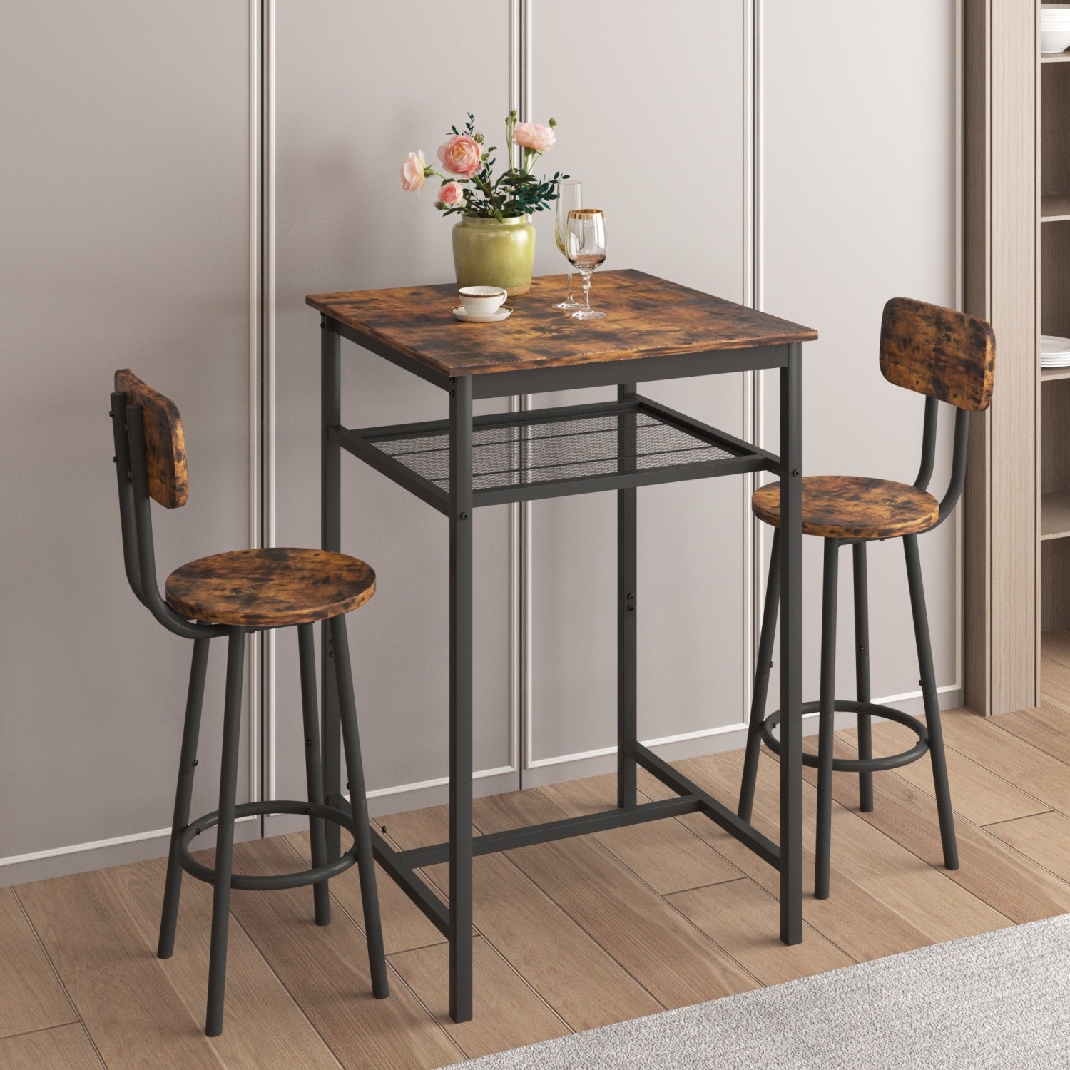 3 Piece Bar Table Set Counter Height Dining Kitchen Pub Table with 2 Bar Chairs