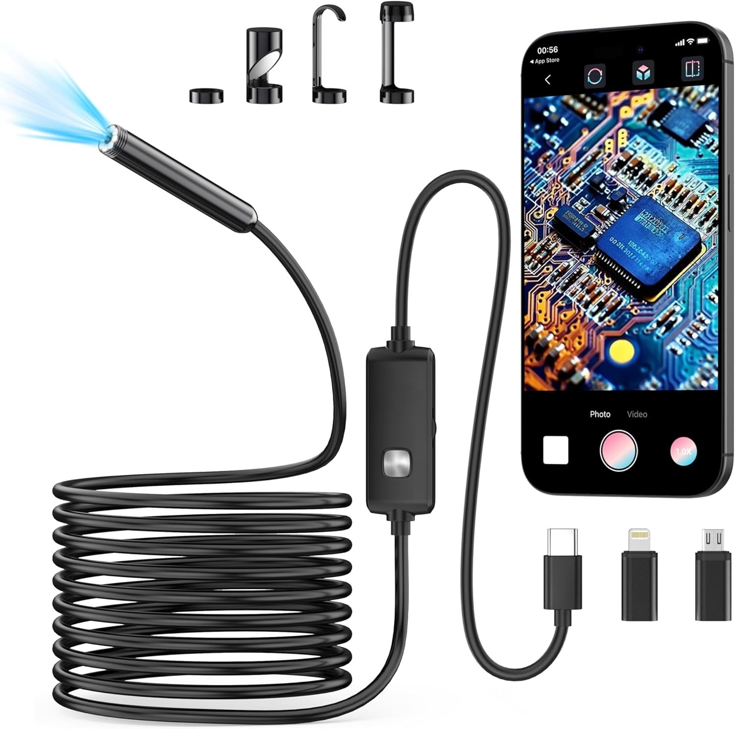 Endoscope Camera with Light, 1920P HD Borescope Camera with 8 LED Lights 16.4ft