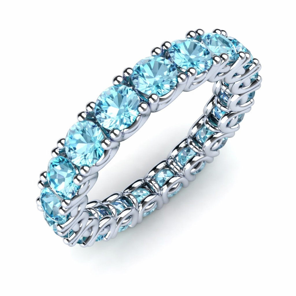 Aquamarine Brilliant-Cut Round 4.00mm Eternity Band Ring With Rhodium Plated