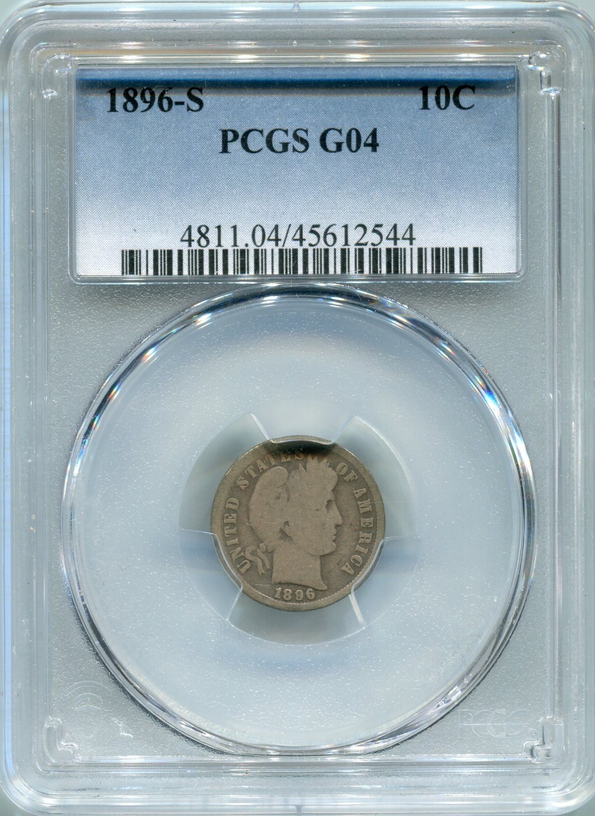 1896-S Barber 10c Dime - PCGS G04