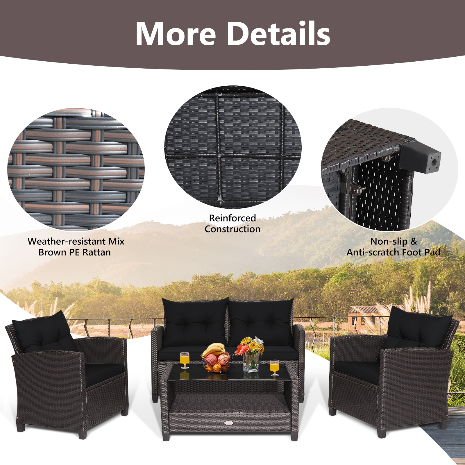 8 PCS Patio Rattan Furniture Set w/ Ergonomic Armrests & Soft Back Cushions