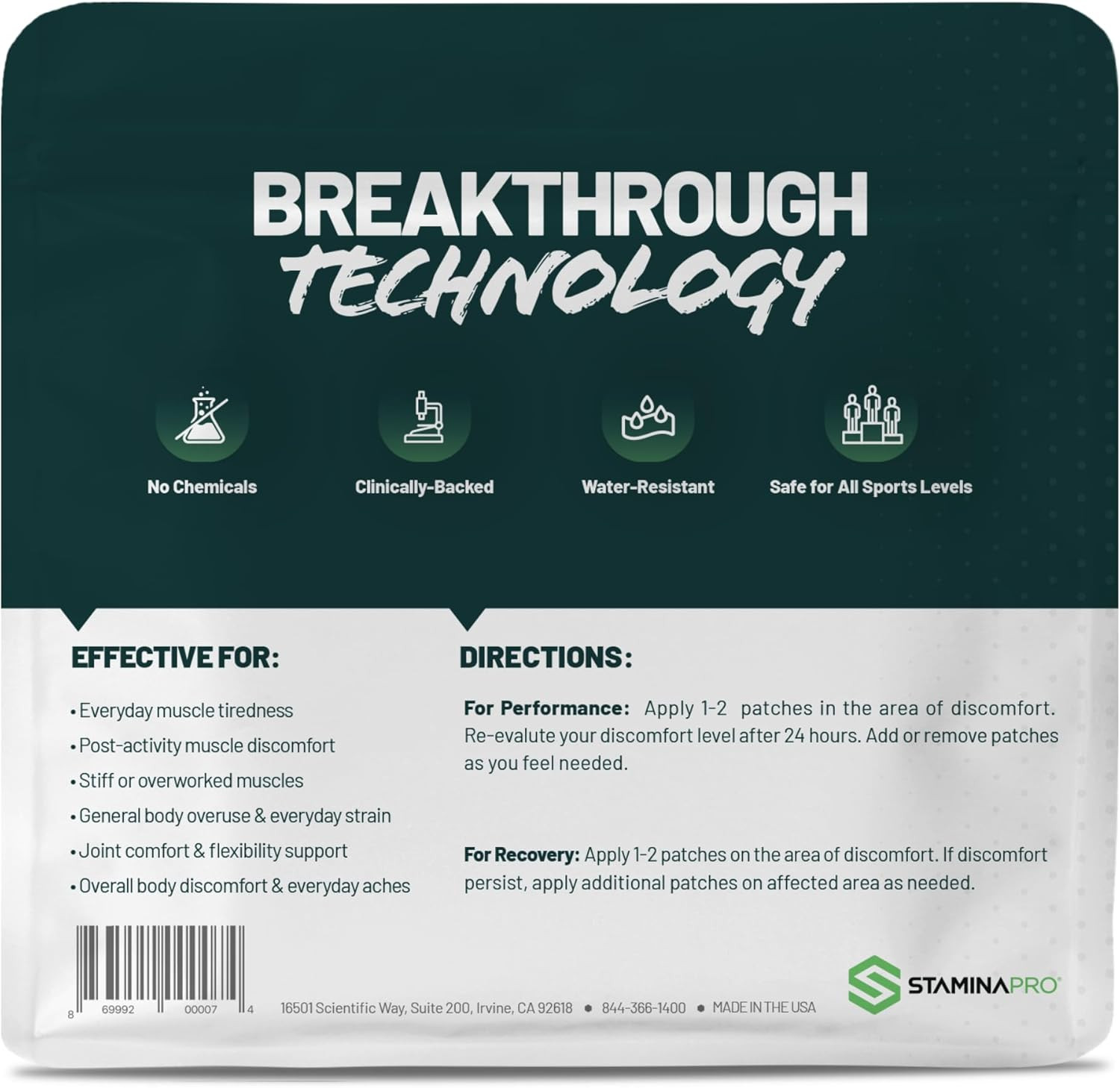 STAMINAPRO Patch - Water-Resistant Athletic Adhesive, Electroceutical Relief - V