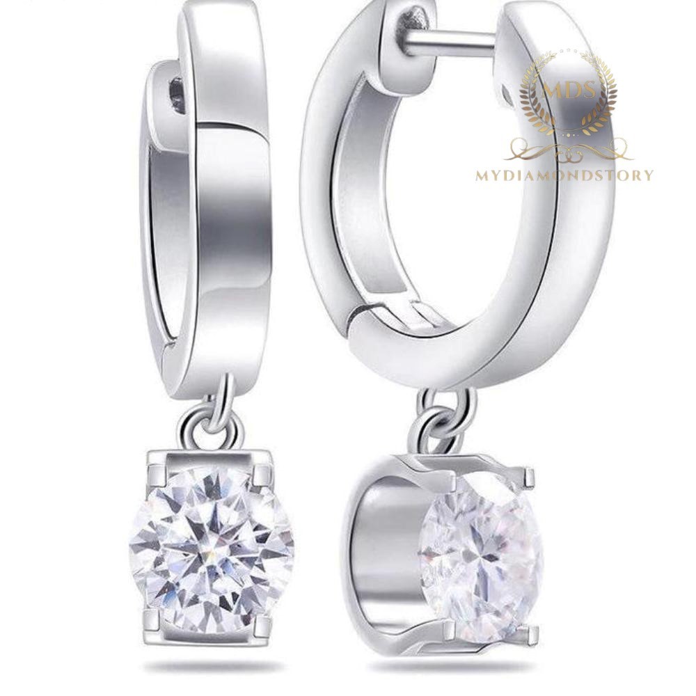 Solid 14K White Gold Moissanite Drop/Dangle Earrings 2 Carat Round Brilliant Cut
