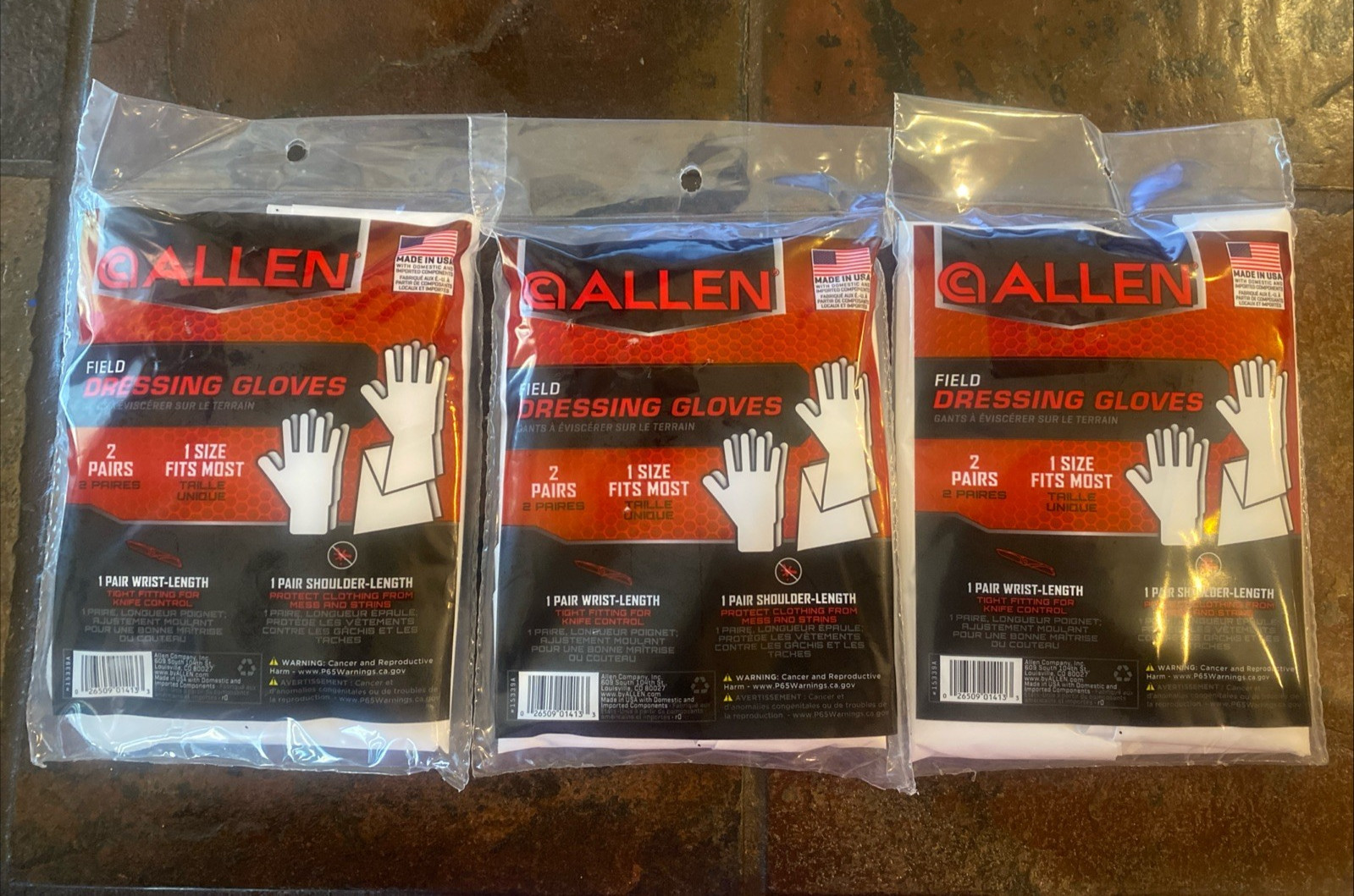 3 Packages  Allen Field Dressing Gloves 6 Pairs of Wrist & Shoulder Length NIP