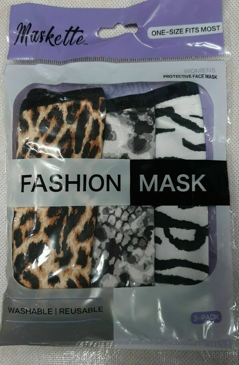 Maskette Fashion Masks  3Pk. One-Size Fits Most Washable/Reusable Animal Print