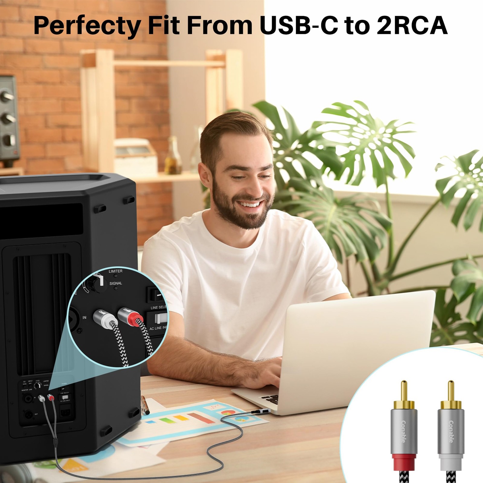 USB to RCA Audio Cable 6 FT, USB-A 2RCA Jack Plug Adapter, 6FT, Grey