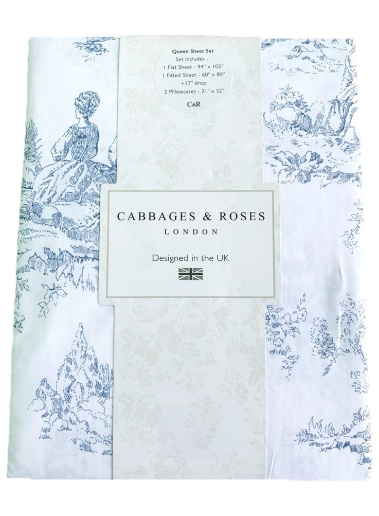 Cabbages & Roses London Queen Sheet Set Country Toile Blue Percale New 3pc