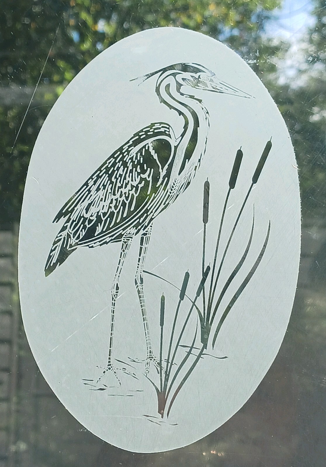Heron Left Window Decal 4"x6" OVAL Etched Glass Look Cling Removable &Reusable 1