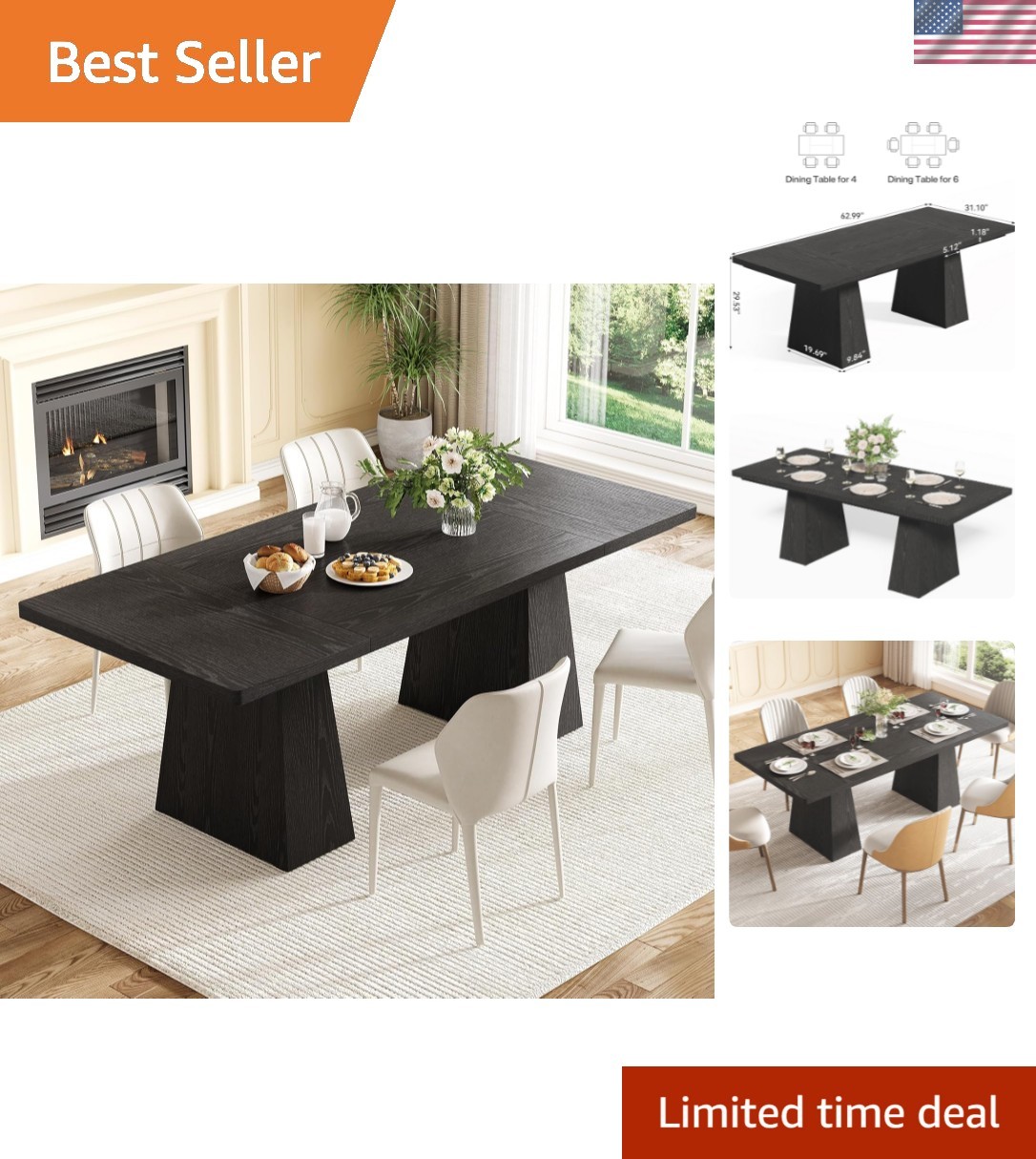 Dining Table for 4-6 People, Wooden Table, Rectangle Furniture with Heavy Dut...