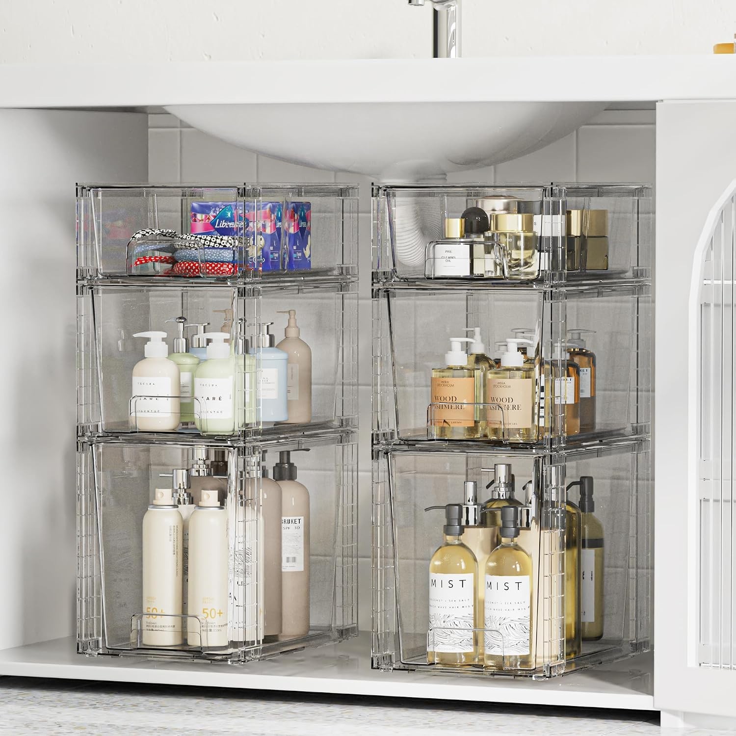 3 Pack Clear Stackable Storage Drawers,Easy to Assemble Bathroom Organizers a...