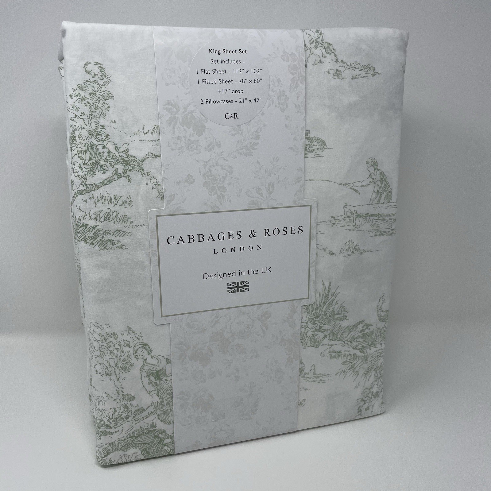 Cabbages & Roses London 4pc KING Sheet Set Country Toile Sage Green