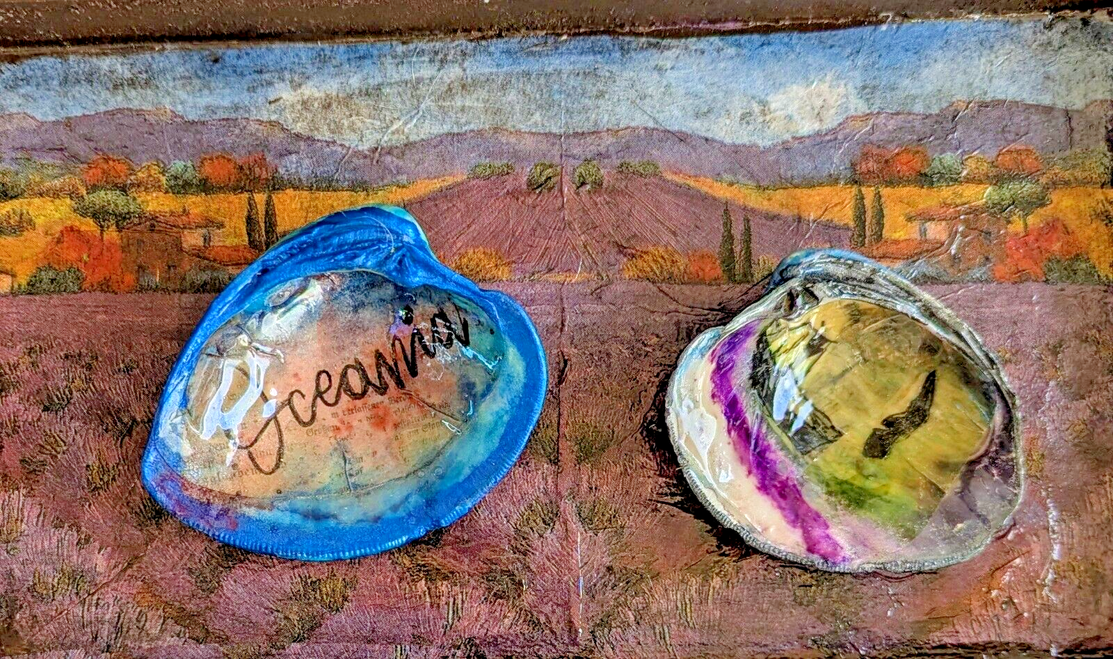 Set of 2 - Hand Painted Decoupage Quahog Seashells
