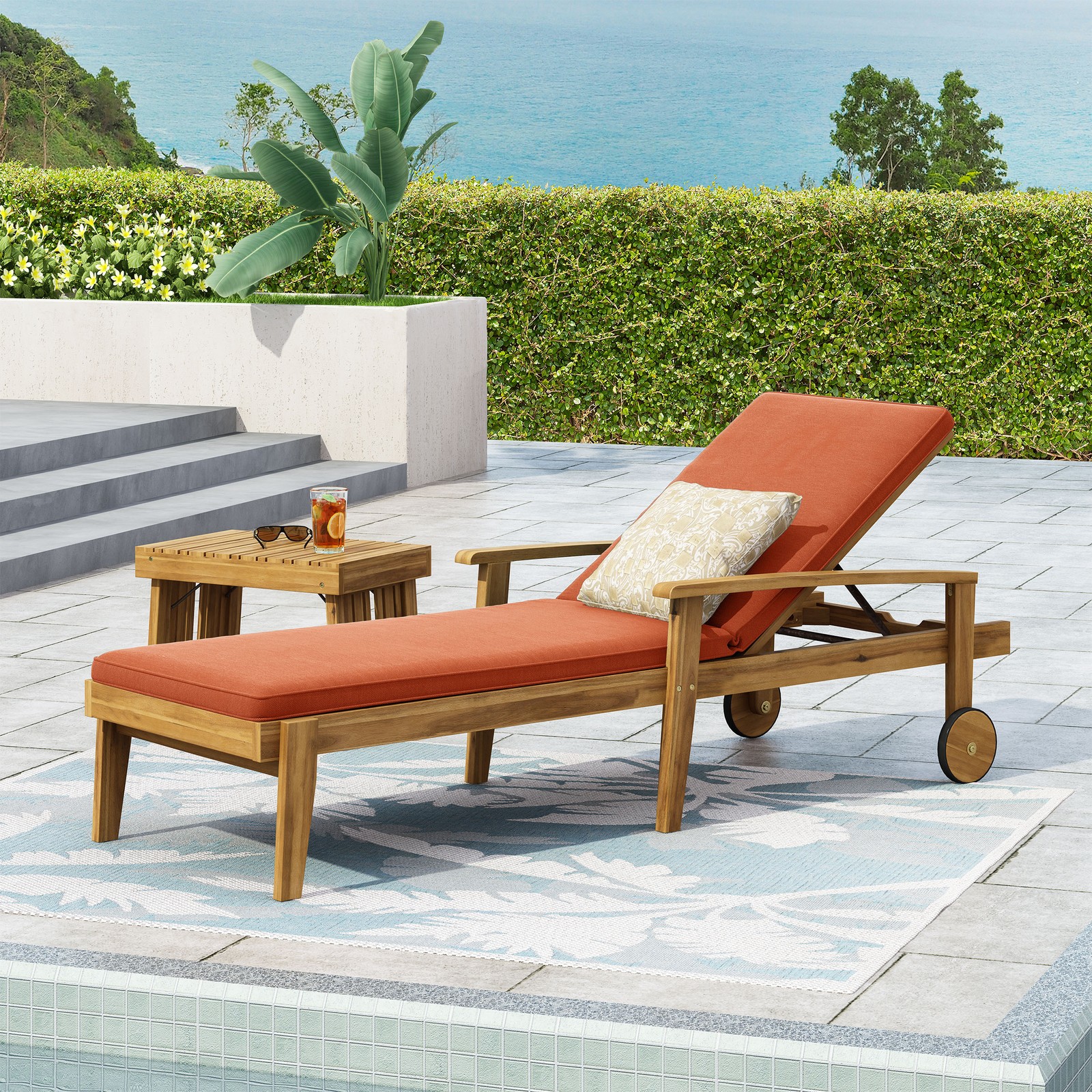 Chaise Lounge Chair w/ Adjustable Recliner & Water-Resistant Orange Cushions