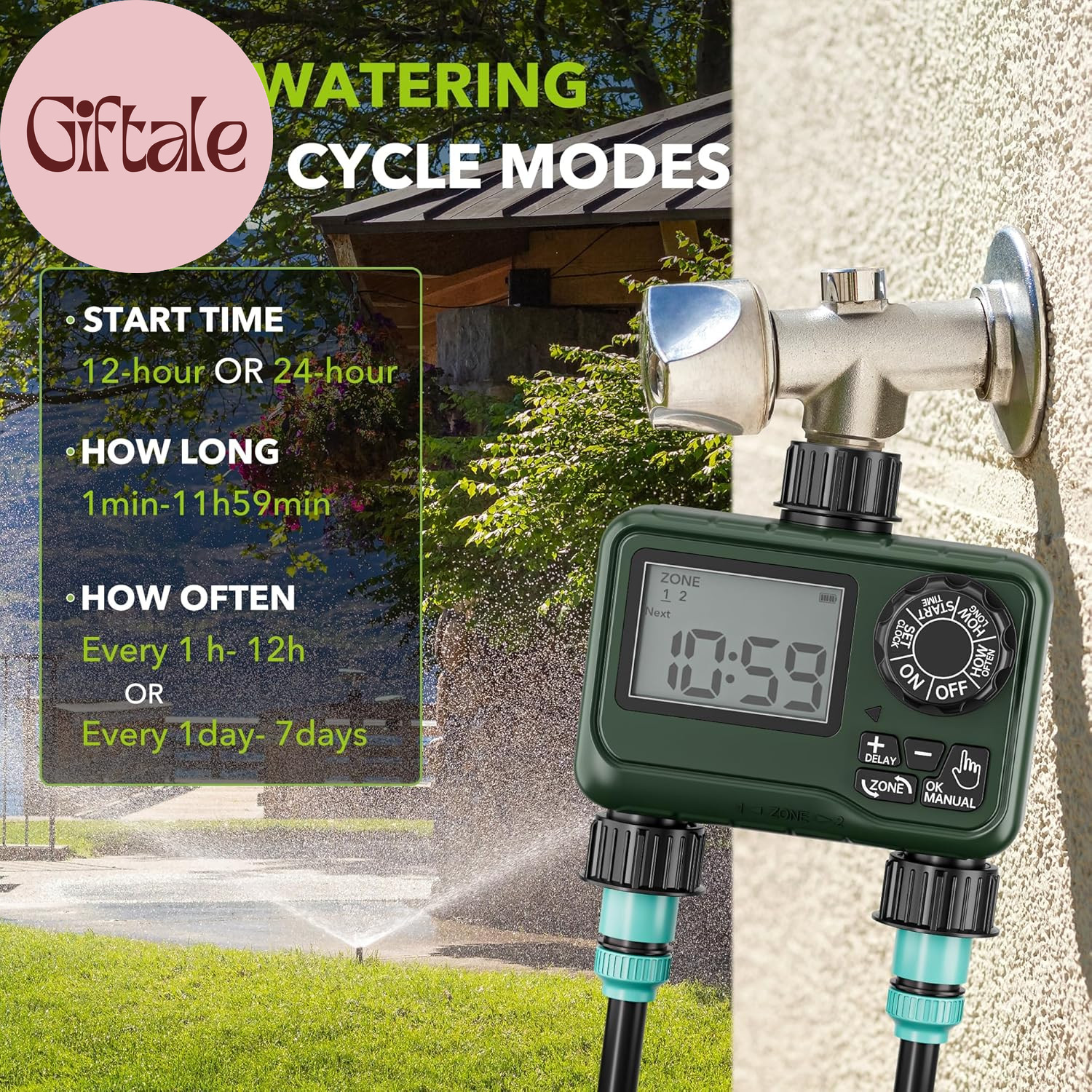 Sprinkler Timer Outdoor - 2 Zone Programmable Water Timer with Rain Delay, Autom