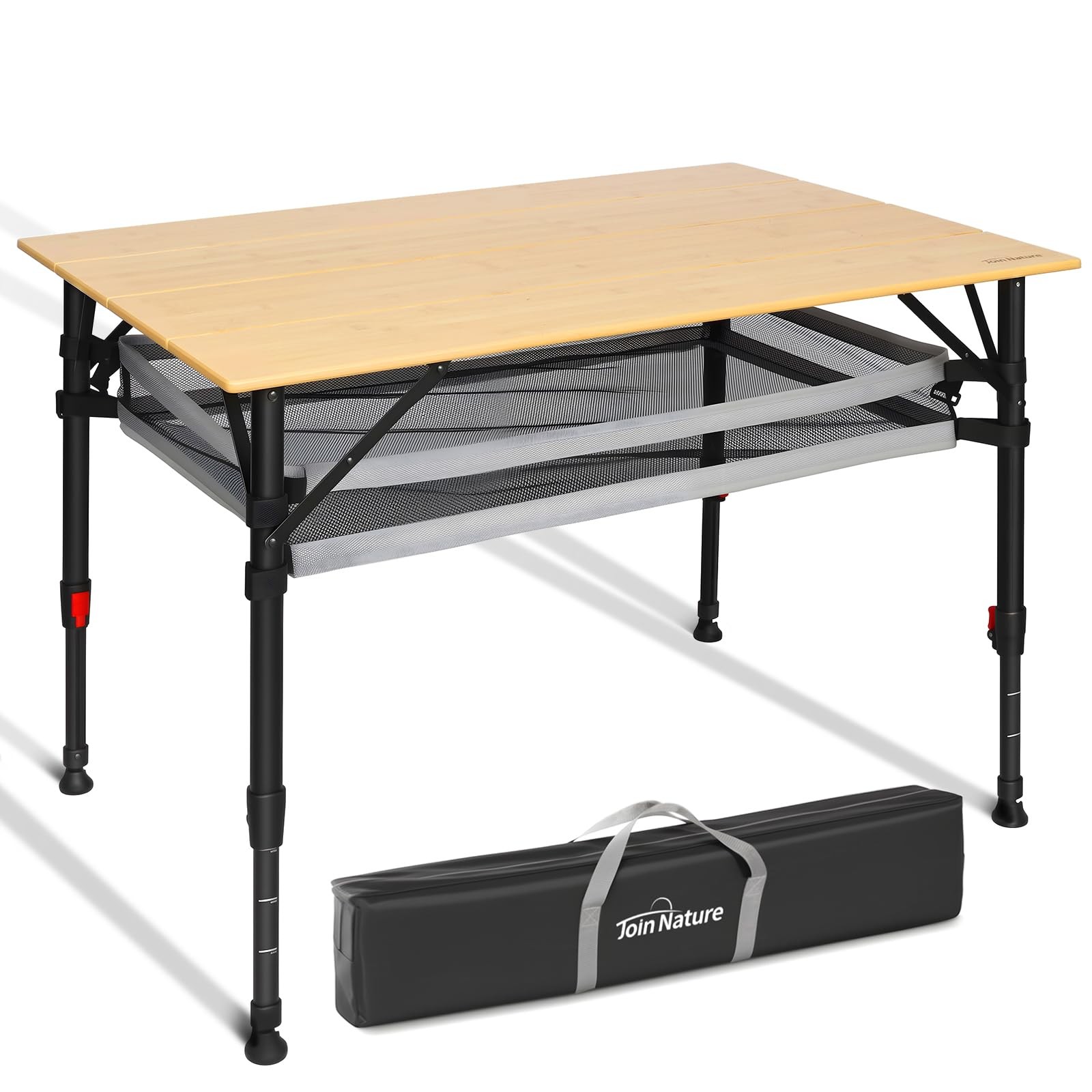 39.4'' Large Bamboo Camping Table, Adjustable Height Folding Outdoor Table wi...