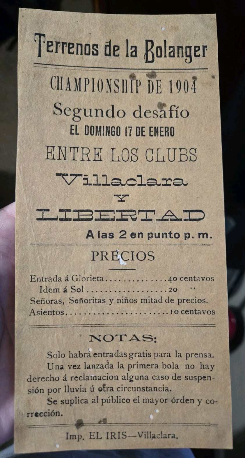 1904 Baseball Handbill Latin Championship Villaclara Vs Libertad