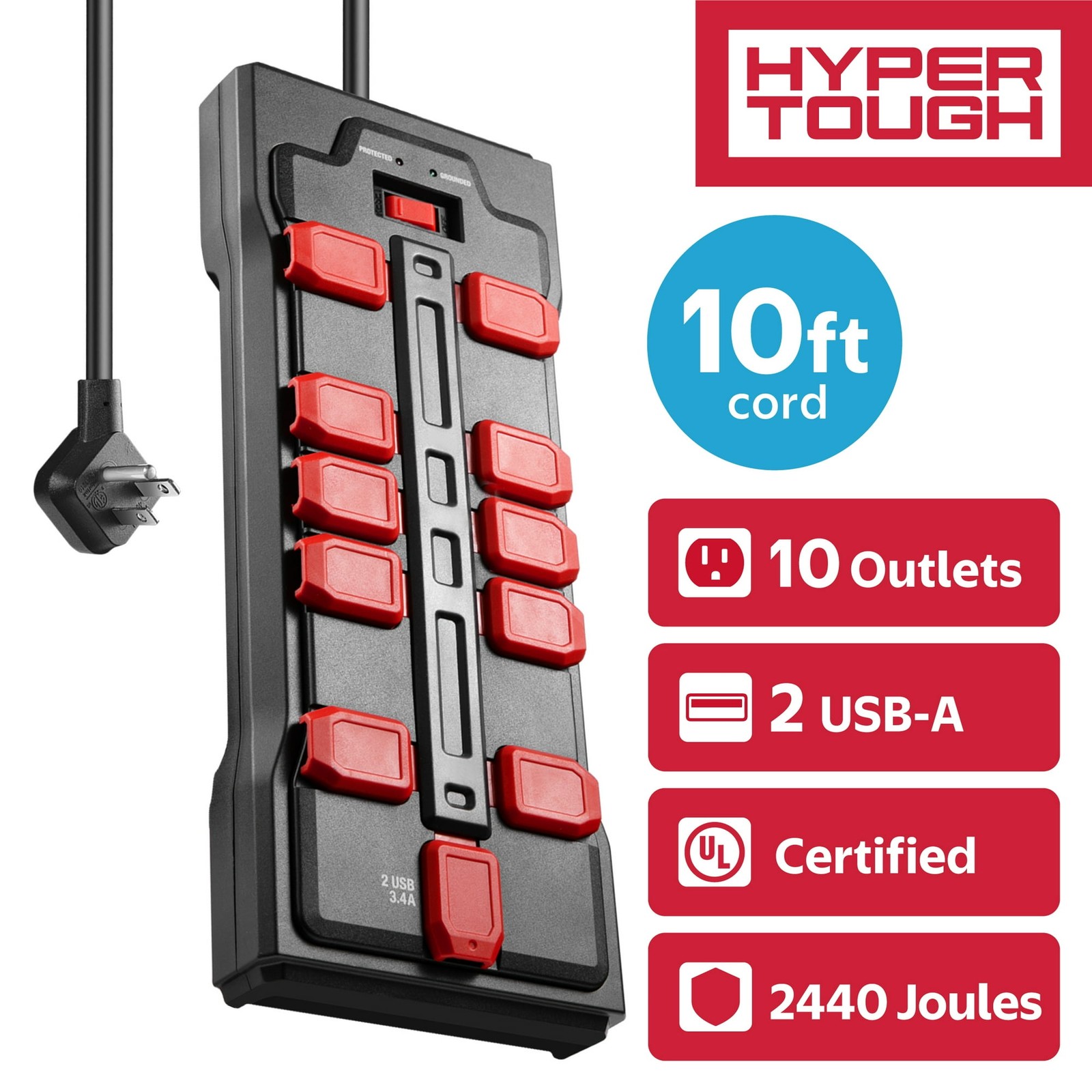 Surge Protector Power Strip with Usb, 10 Safety Outlets, 10ft Extension Cord