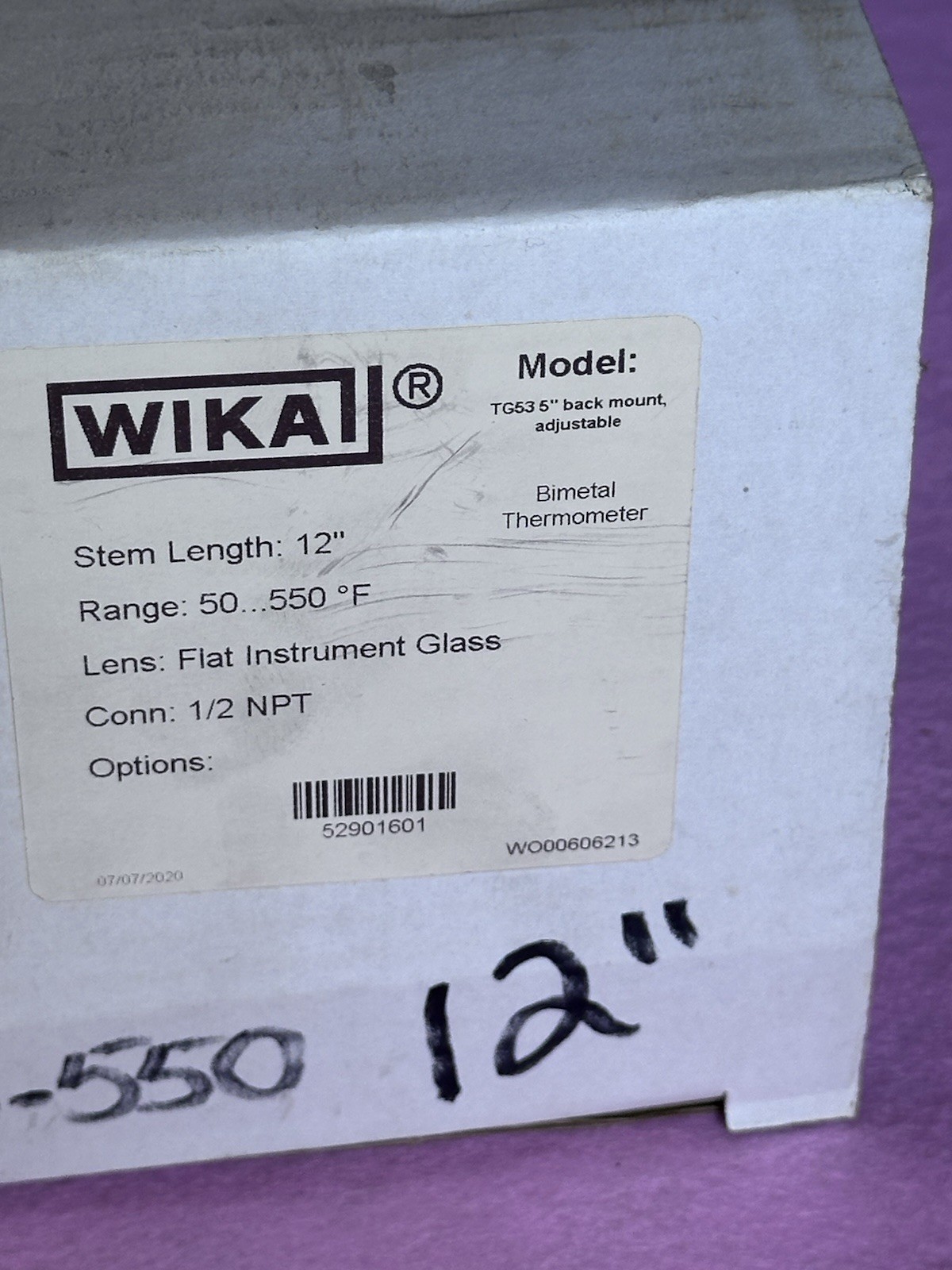 WIKA TG53 5” THERMOMETER BIMETAL BACKMOUNT 50-550F Conn 1/2 NPT Stem Length: 12"