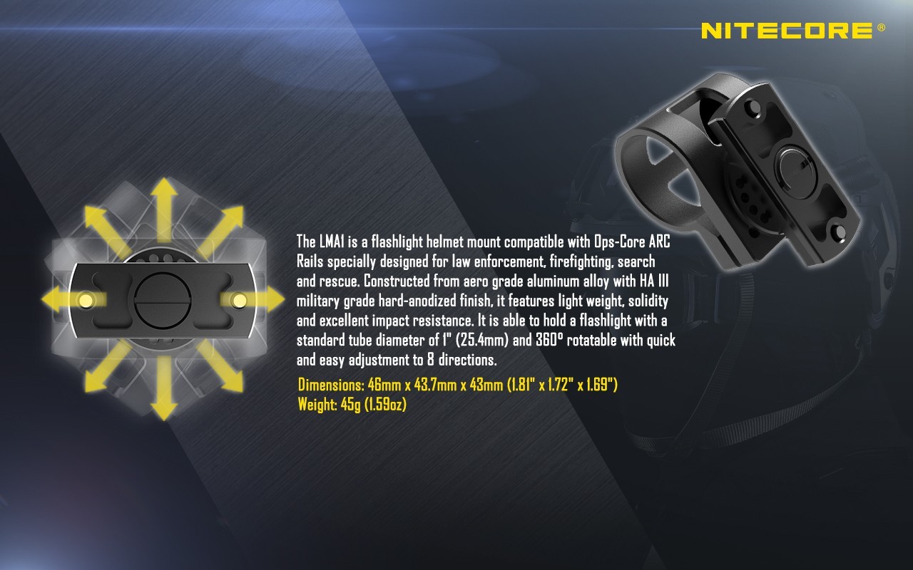 Nitecore LMA1 Rotary Helmet Mount Torch Headlamp Accessory for 25.4mm Flashlight