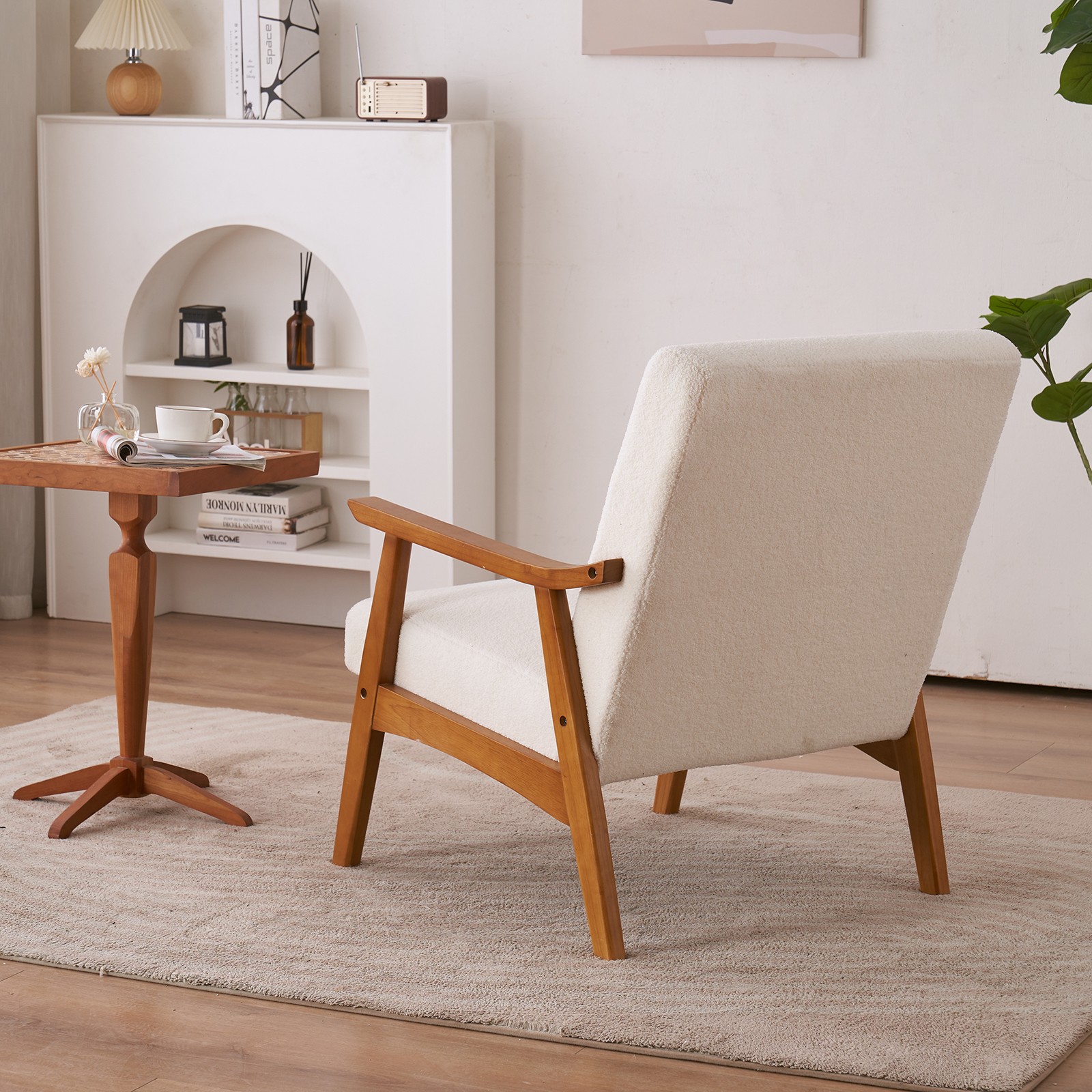 Wood Armrest Teddy Velvet Simple Single Indoor Lounge Chair Backrest Creamy
