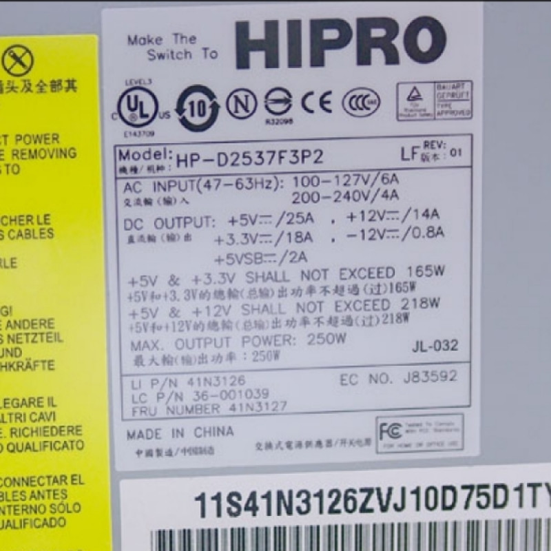 IBM 41N3127 Lenovo HIPRO 250W ATX Power Supply HP-D2537F3P2 41N3126