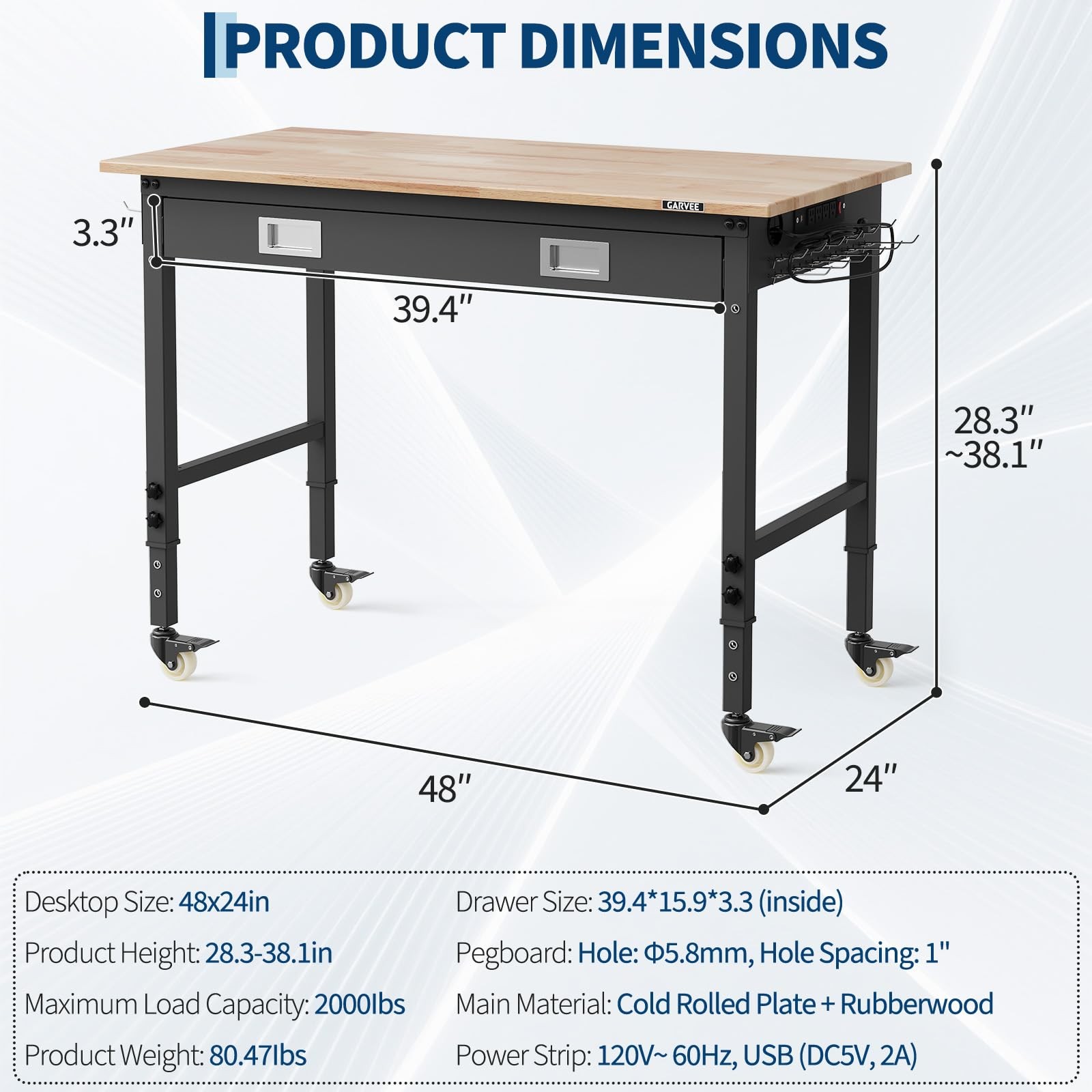 48"x24" Adjustable Workbench Garage Work Table 2000LBS Load with Wheels & Drawer