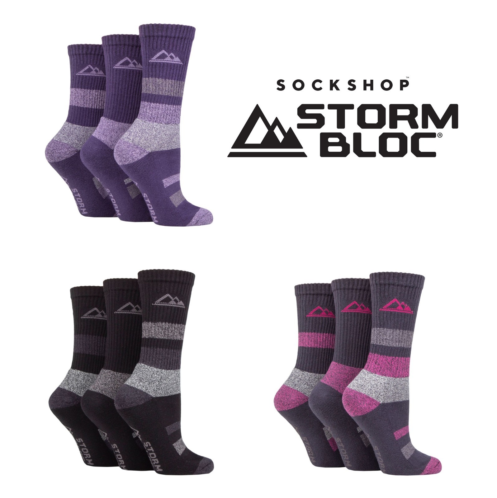 Womens Boot Socks SOCKSHOP Storm Bloc Cotton Striped Crew Length Ribbed - 3 Pack