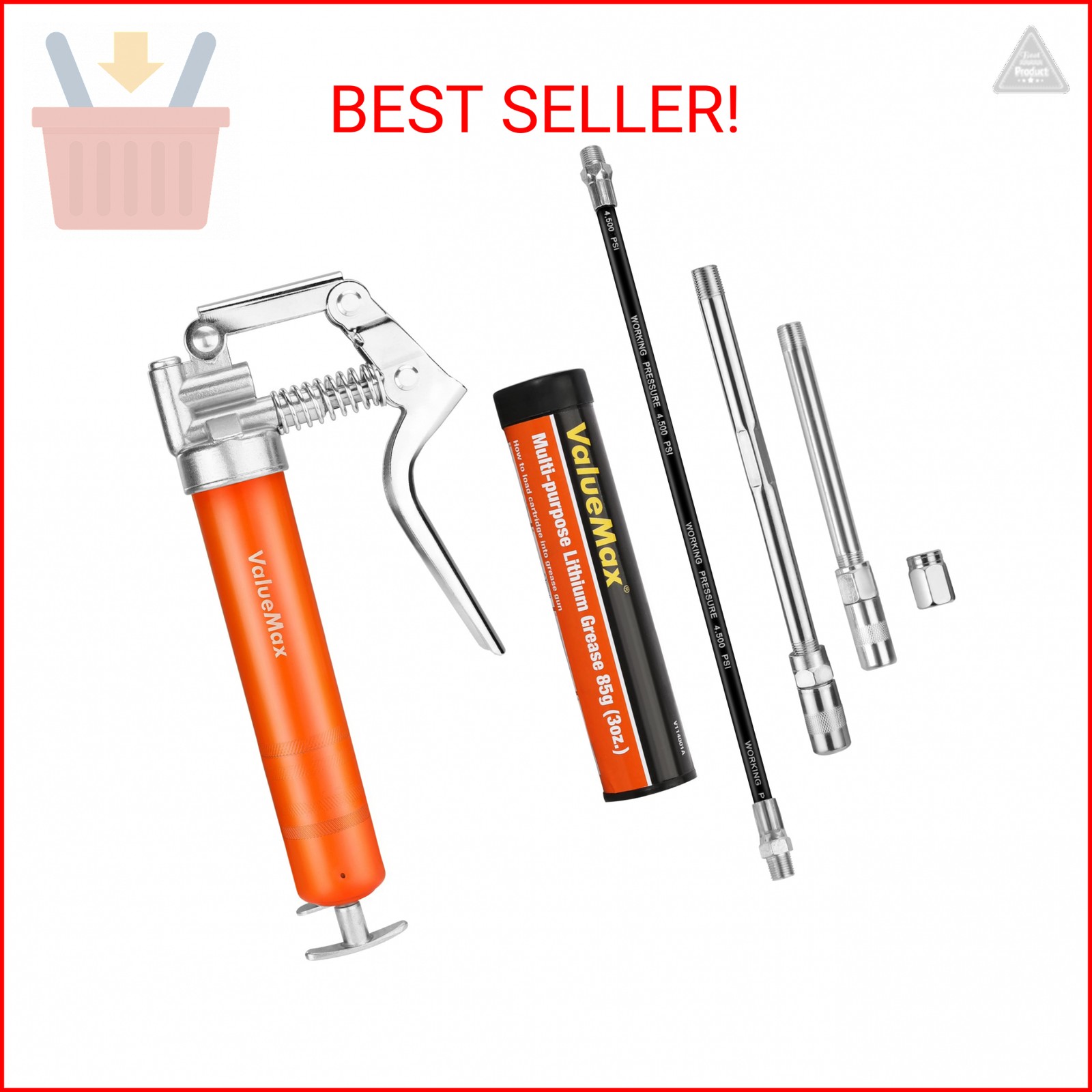 ValueMax Mini Grease Gun Kit (3500 PSI) with 3 OZ Grease, 12'' Flexible Hose, 5'