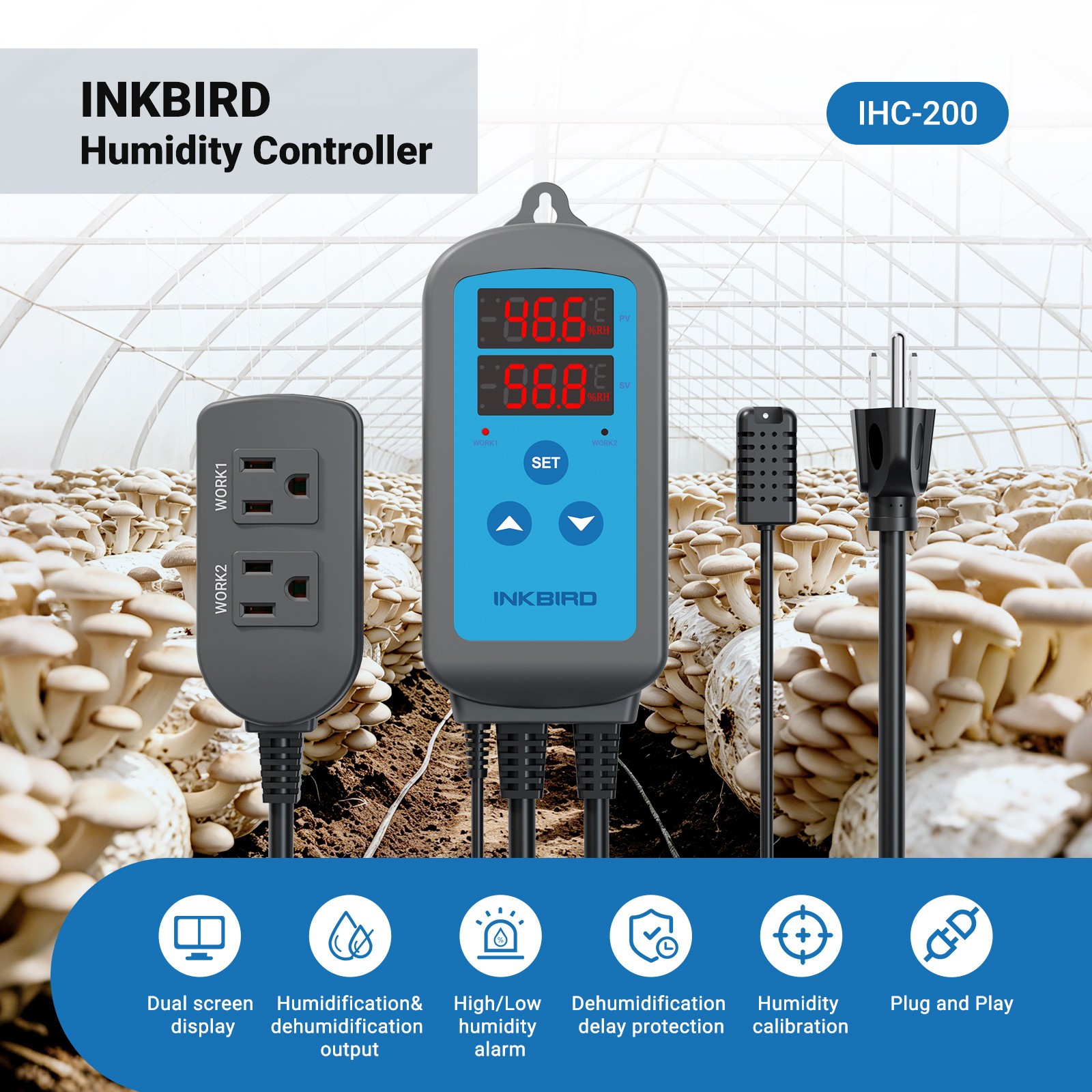 INKBIRD Humidity Controller Pre-Wired Digital Humidifier Dehumidifier Mushroom