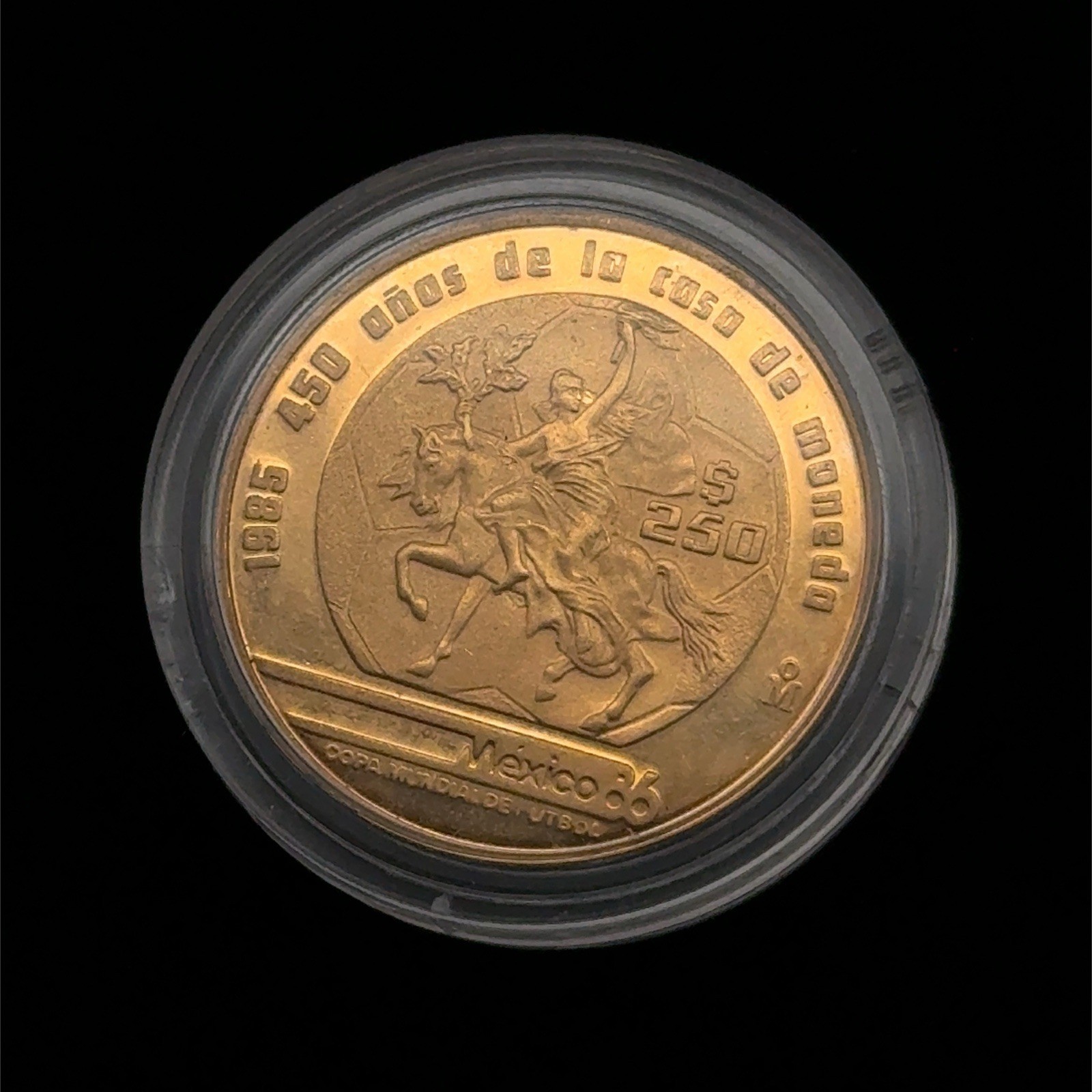 1985 Mexico Proof Gold 250 Pesos World Cup Caballito 1/4ozt In Capsule w/Box