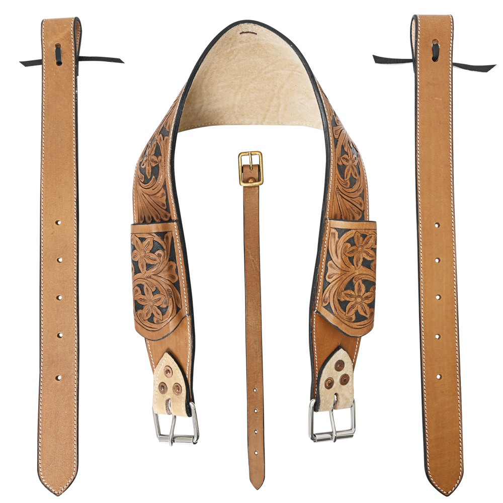 58KK Comfytack Horse Saddle Flank Cinch Girth Handtooled Leather W/ Billets Tan