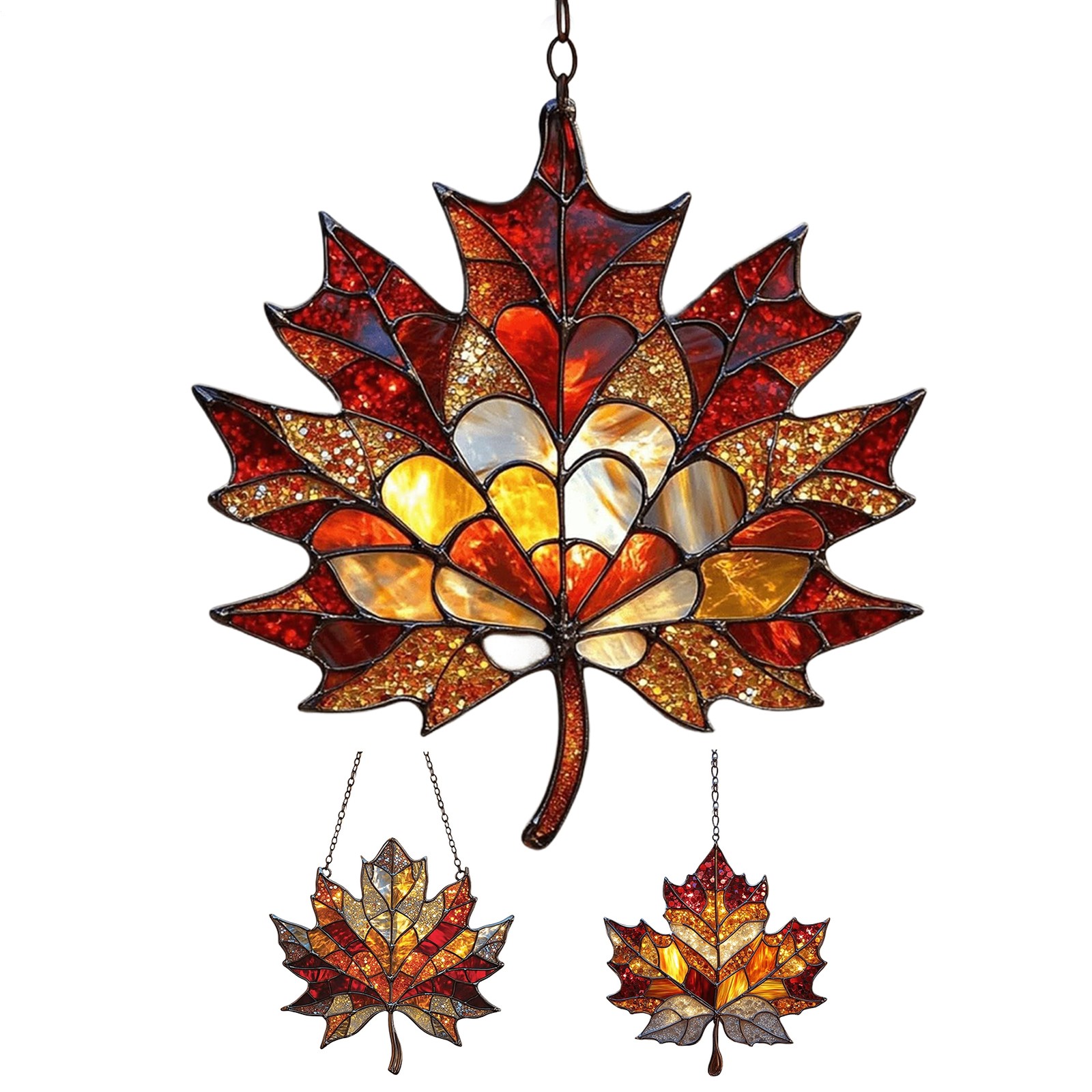 2x Maple Leaves Stained Window Hanging,Fall Leaf Decorations, 2D Suncatcher