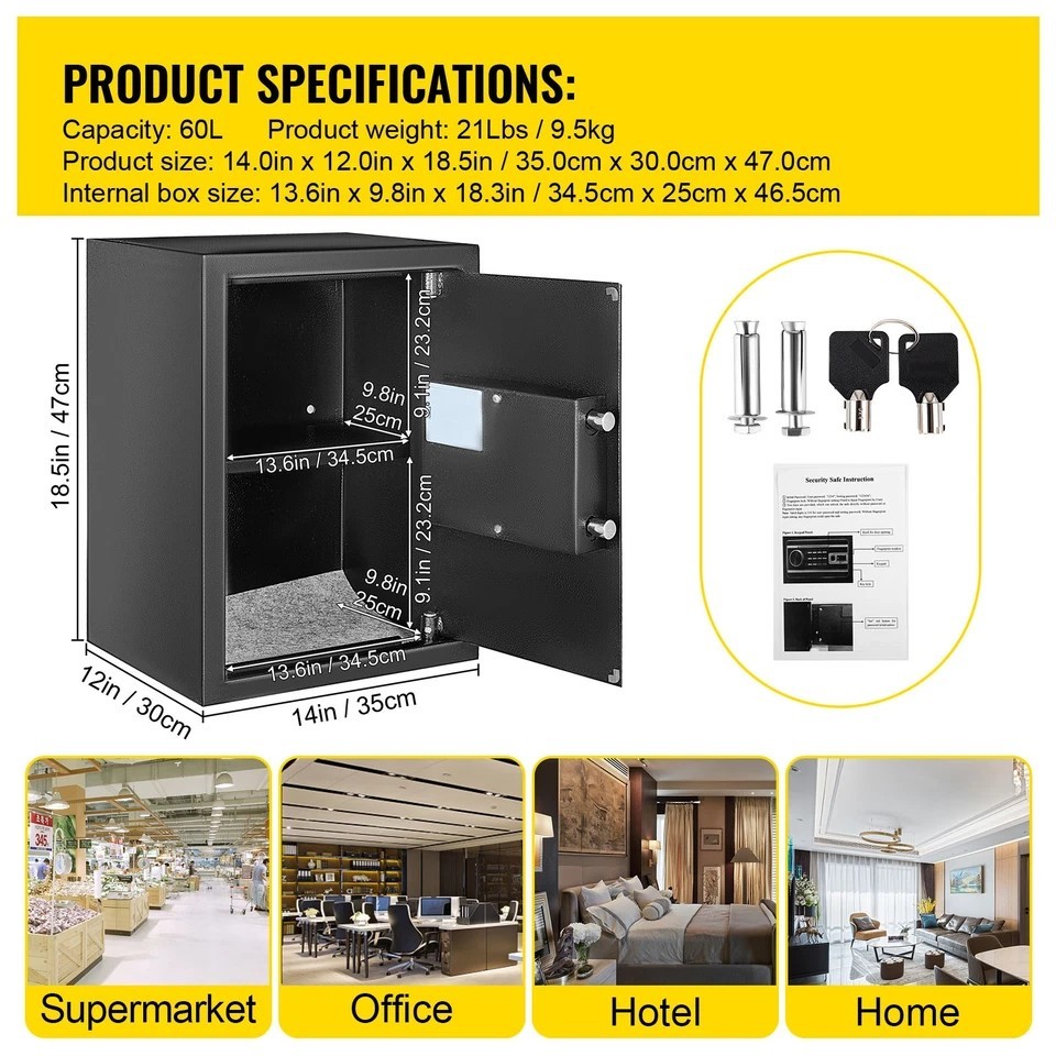 Safe Box Lock Security 2.1 Cubic Feet Digital Safe Key Lock Home Office