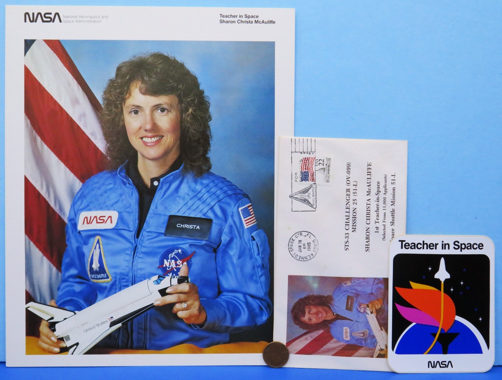 NASA STS-51-L LOT of 3 vtg McAuliffe CHALLENGER litho Photo Postal Cover Sticker