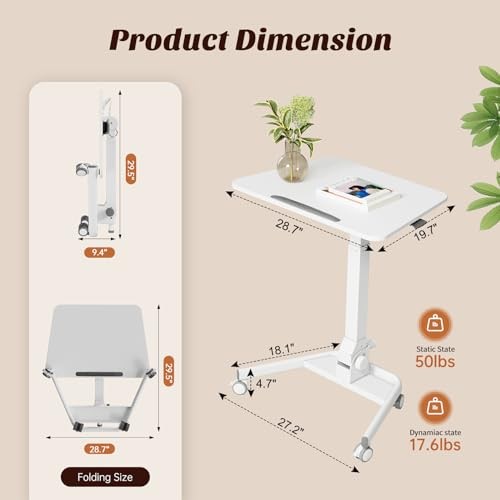Foldable Mobile Standing Desk, 90 Tiltable Rolling Standing Desk, Height White