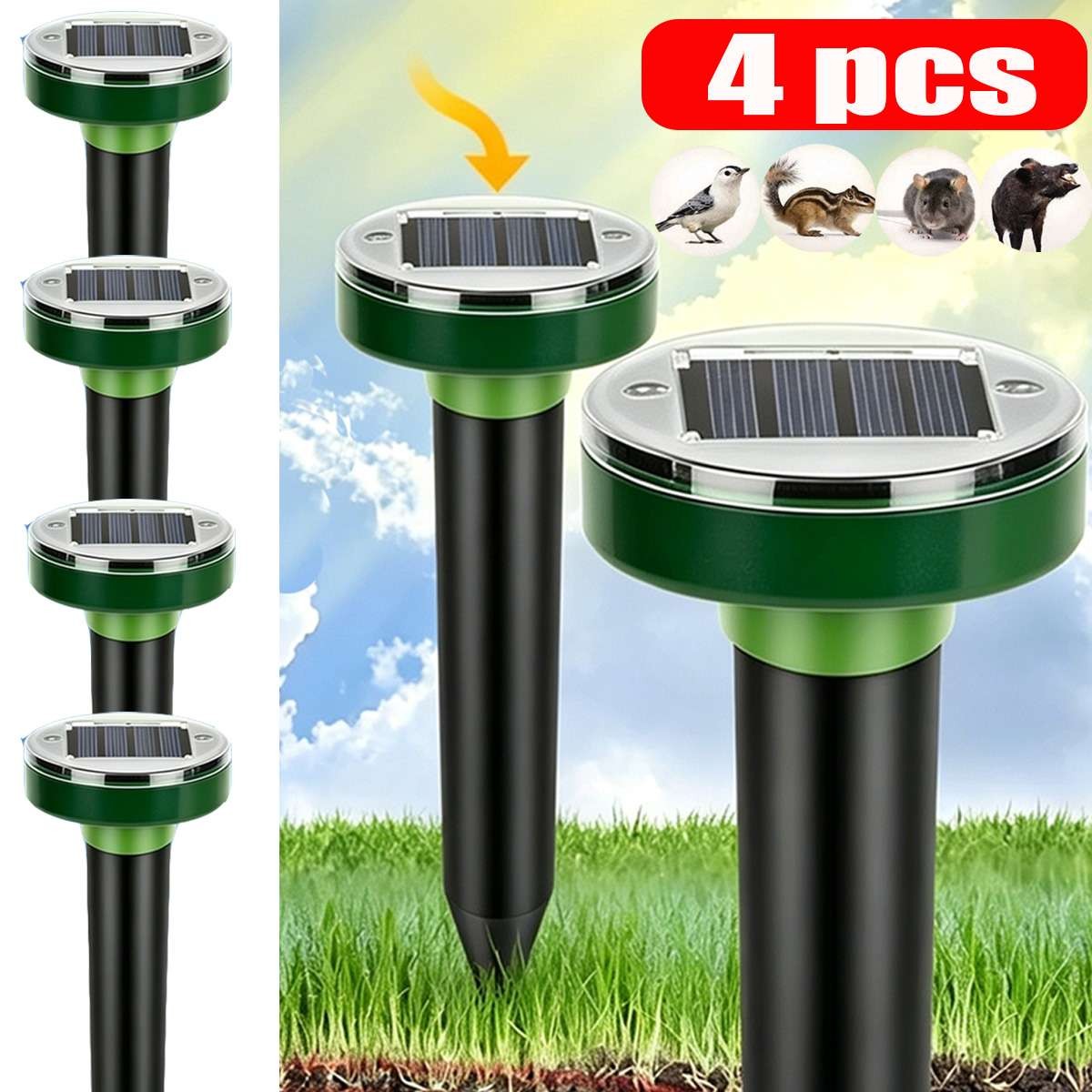 4 PCs Animal Repeller Ultrasonic Solar Power Outdoor Pest Cat Mice Sensor PIR US