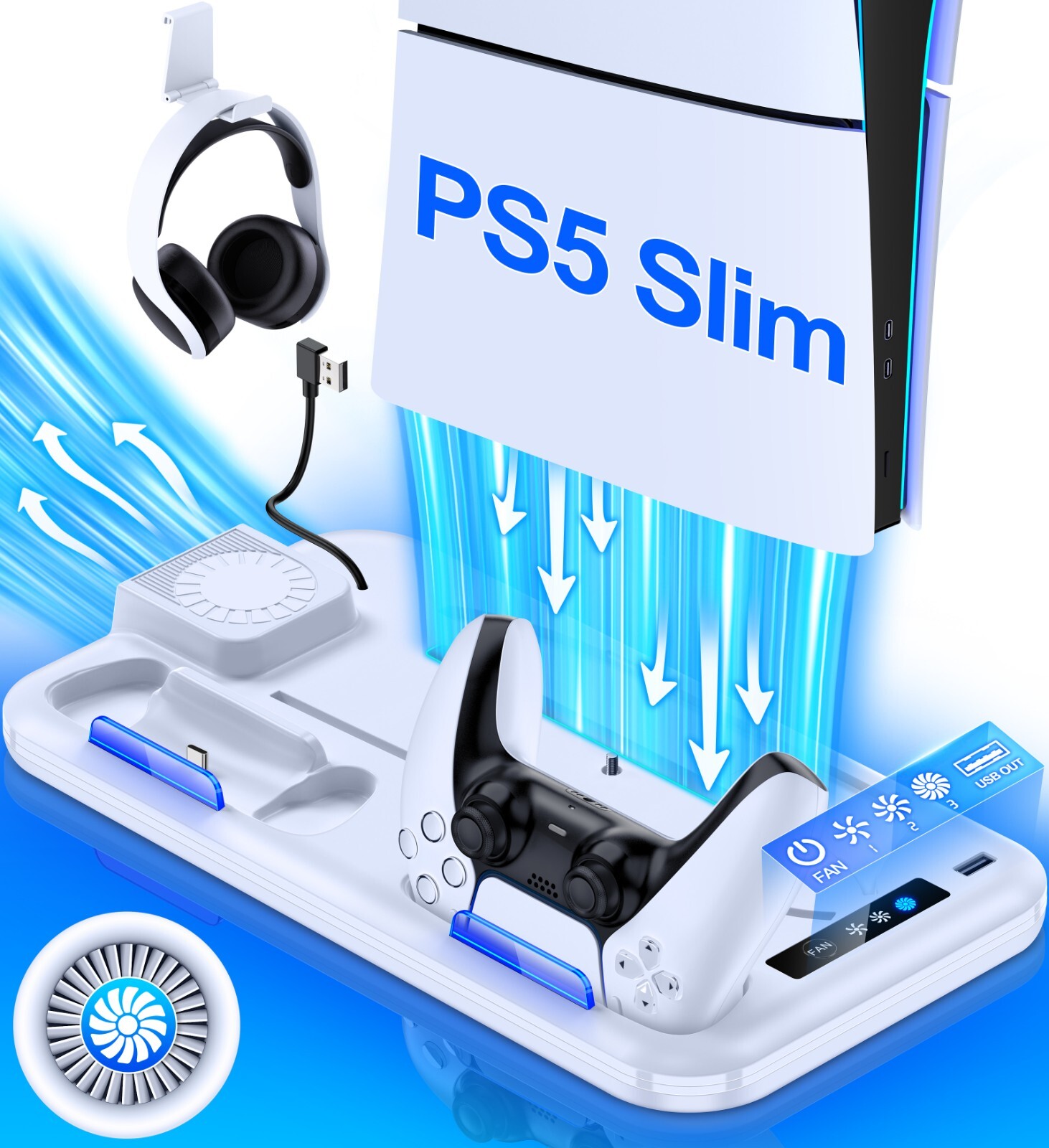 PS5 Slim Controller Charger Station, For PS5 Slim Digital/Disc Cooling Stand Fan