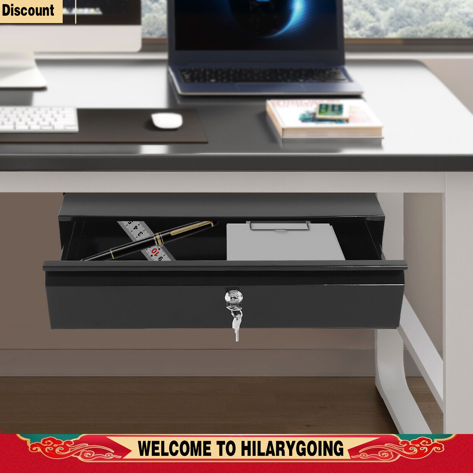 Slide Out Cabinet Drawer Pull Out Under Desk Drawer For Office With Lock Black