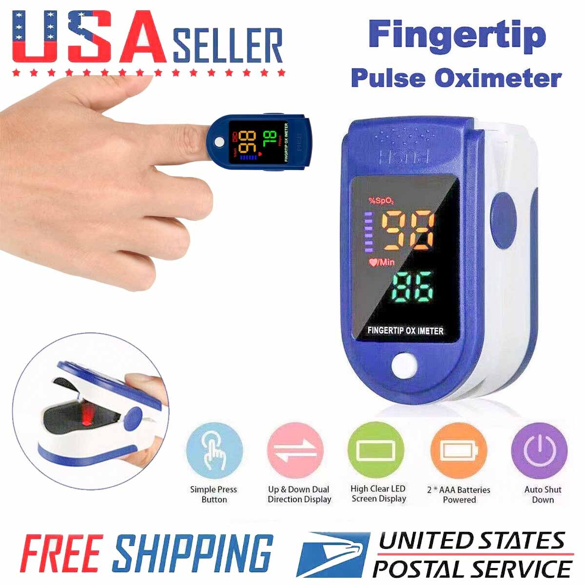 USA FDA Finger Pulse Oximeter Blood Oxygen Sensor O2 SpO2 Monitor Heart Rate New