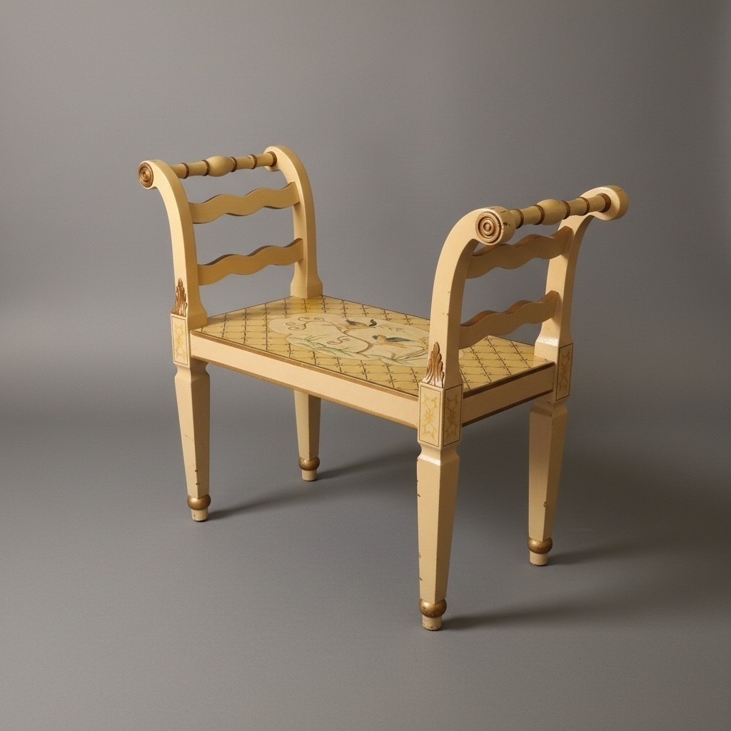Stunning Hollywood Regency Vanity Bench Cream Gold Hand Painted Bird Chinoiserie
