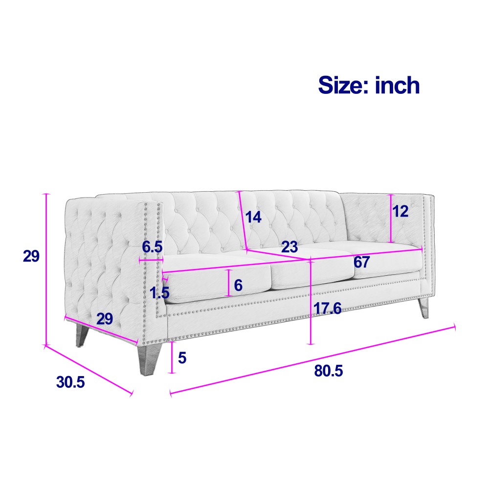 Velvet Sofa 3-Seater Tufted Chesterfield w/ Metal Legs Beige