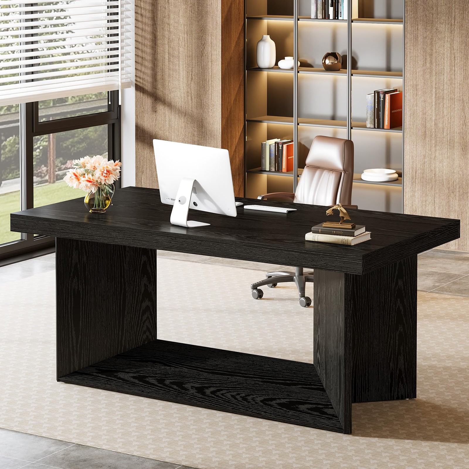 63英寸大号行政重型Pedestal Writing Desk 家庭办公 黑色