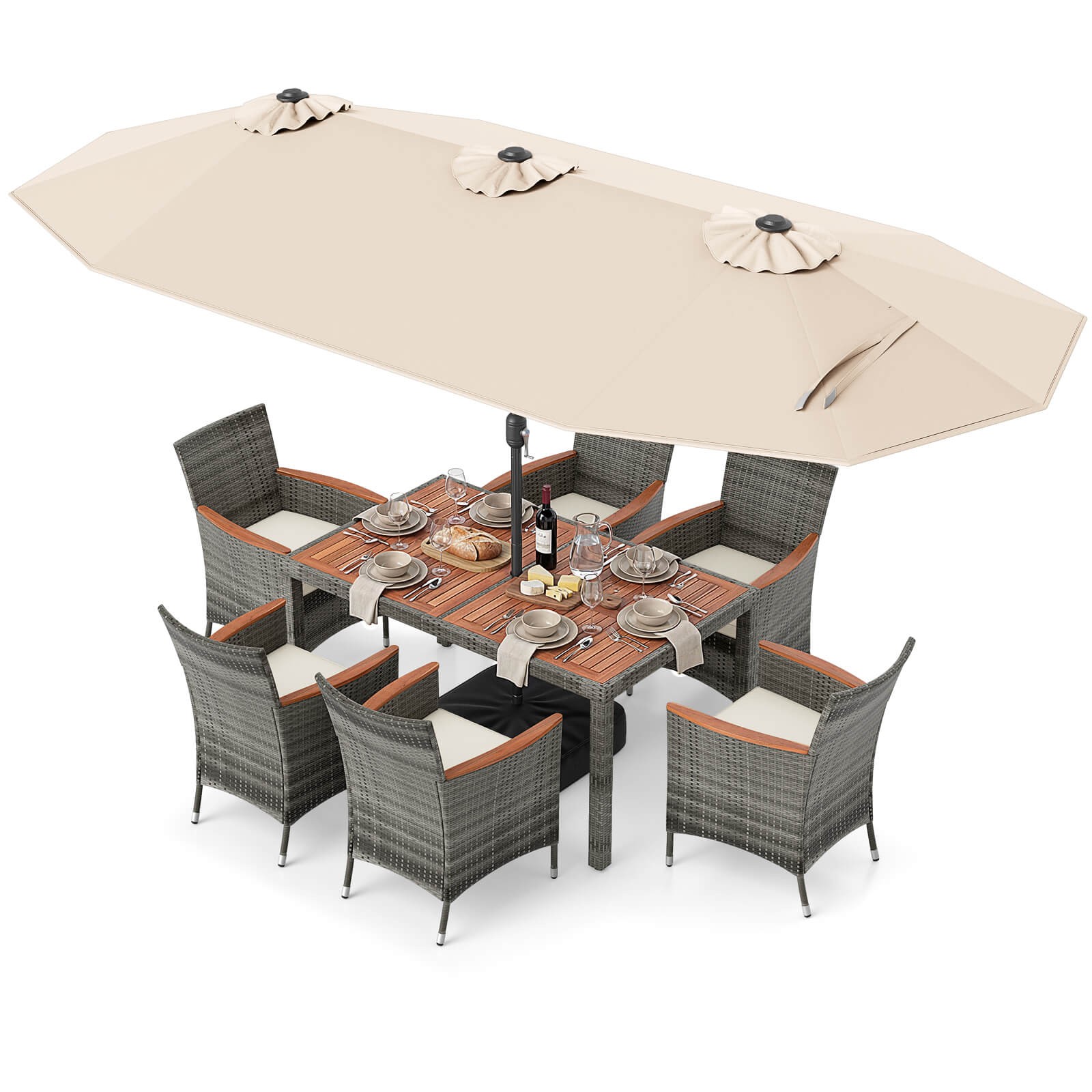 8-Piece Patio Dining Set with Double-Sided Market Umbrella, Acacia Wood Top