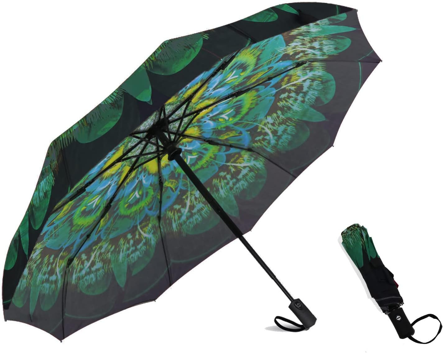 Windproof Compact Travel Umbrella – Automatic Folding (Green Peacock)