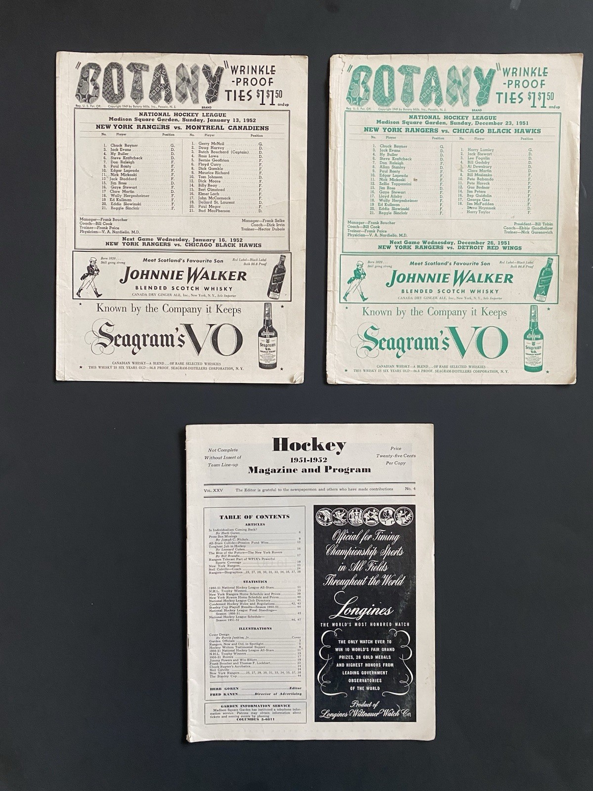New York Rangers 1951-52 Scorecard Lot (2)